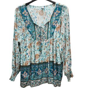 Brown Coco Peasant Top Womens 1XL Green Blue Tan Front Ties Smocked Cuffs Boho